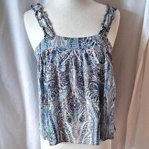 Catherine Malandrino Square Neck Ruffle Strap Tank Blue Paisley Size L